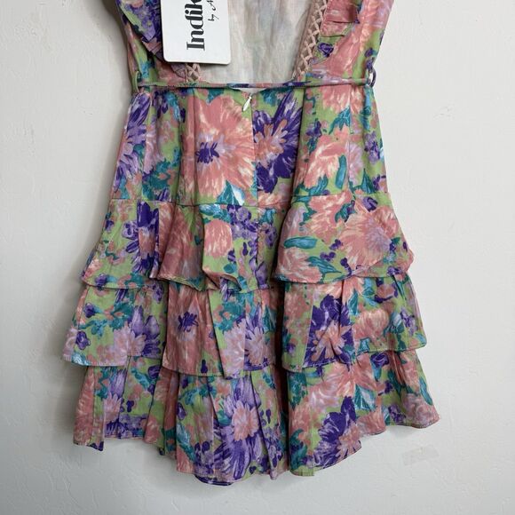 Indikah Angel Biba Womens XS Tiered Ruffle Open Back Colorful Floral Mini Dress - Picture 9 of 16